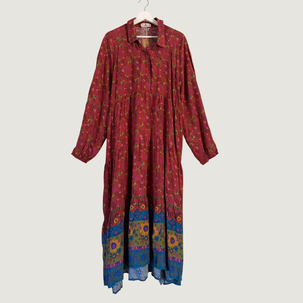 Natural Life Womens Rust Red Floral Tiered Maxi Dress Long Sleeve Boho Size XXL - Picture 2 of 12